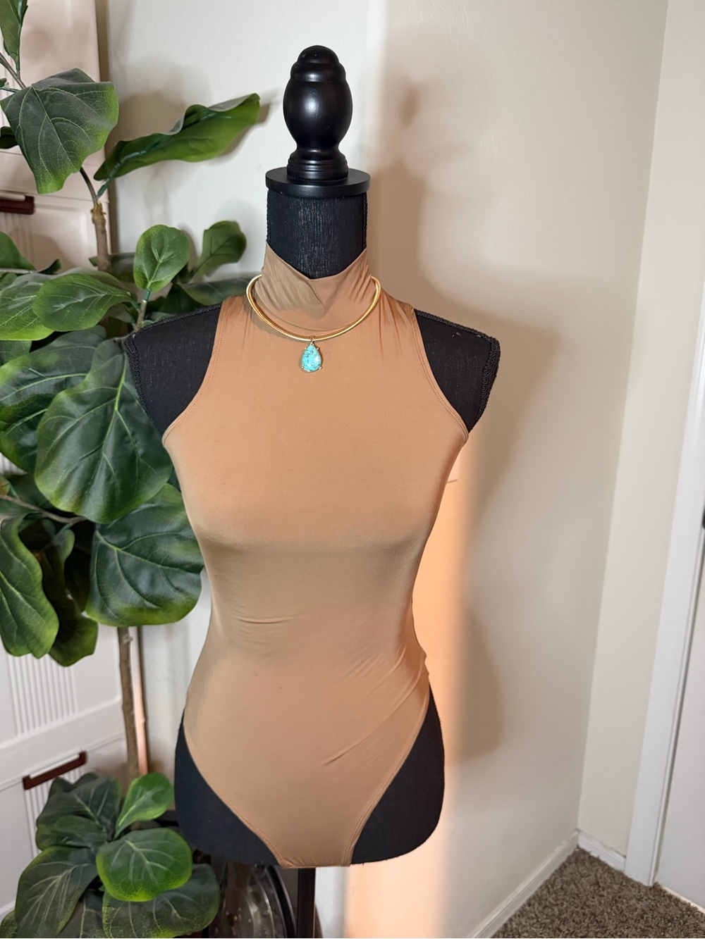 Mono B Sleeveless High-Neck Bodysuit in Tan